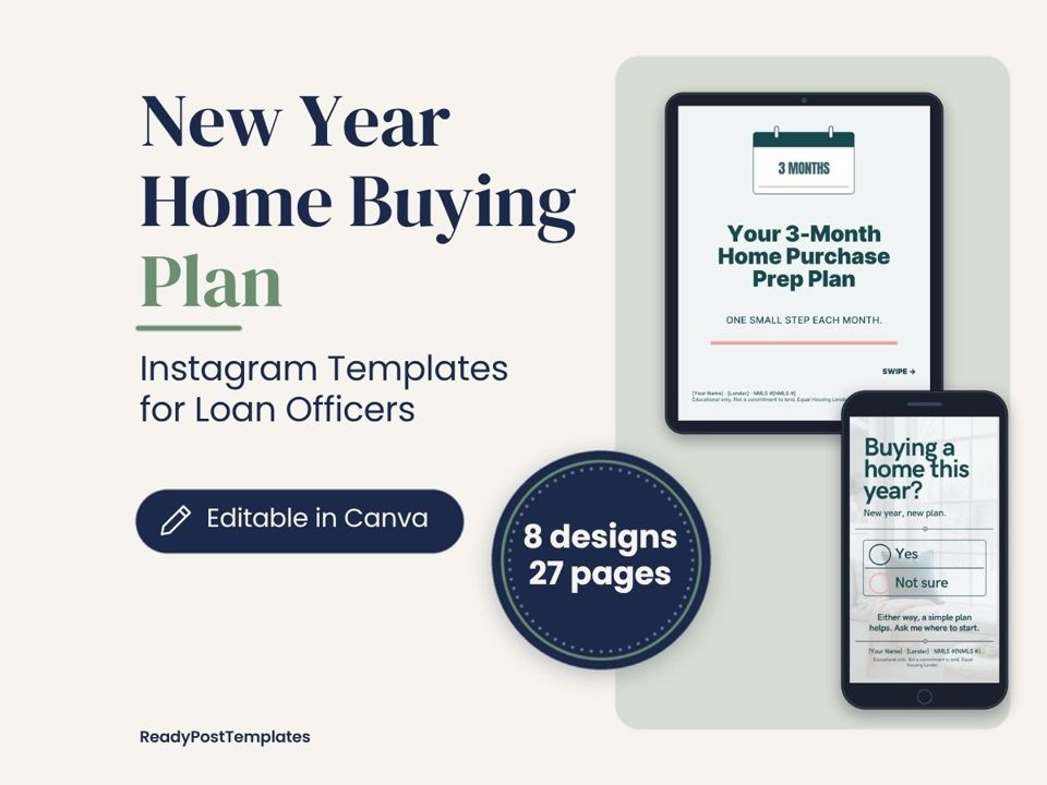 New Year Home Buying Plan Canva template kit shown on a tablet and phone